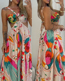 Tropical Floral and Toucan Print Hollow out Detail Halterneck Maxi Dress Vocation Dress