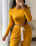 2 Pieces outfit Frill Hem Long Sleeve Crop Top and Casual Lace Tied Detail Pants Set