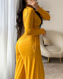 2 Pieces outfit Frill Hem Long Sleeve Crop Top and Casual Lace Tied Detail Pants Set