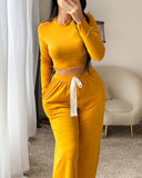 2 Pieces outfit Frill Hem Long Sleeve Crop Top and Casual Lace Tied Detail Pants Set