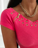 Off the Shoulder Short Sleeve Zipper Ribbed Top Casual Hollow Out Slim Fit T Shirt