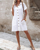 Turn down Collar Short Sleeve Dress Casual Button Dress with Pocket