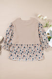 Beige Faux Two Piece Knit Patchwork Floral Print Plus Size Top