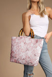 Light Pink Flower Canvas Tote Bag with Bamboo Handle