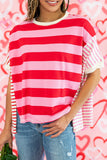 Pink Stripe Patchwork Round Neck Side Split Loose T Shirt