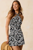 Black Abstract Printed Buckle Crossed Straps Skirted Tankini 2pcs Swimsuit