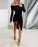 Off Shoulder Long Sleeve Side Drawstring Asymmetrical Hem Bodycon Dress