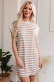 Khaki Stripe Round Neck Sleeveless Casual Pocketed Mini Dress