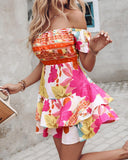 Off Shoulder Ruffle Hem Floral Print Dress