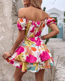 Off Shoulder Ruffle Hem Floral Print Dress