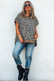 Khaki Leopard Contrast Trim Short Sleeve Loose Plus Size Top