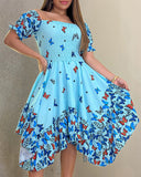 Butterfly Print Off the Shoulder Waist Asymmetrical Hem Dress Casual Shirred A Line Mini Vacation Dress