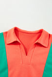 Grapefruit Orange Color Block Patchwork Collared V Neck Loose Top