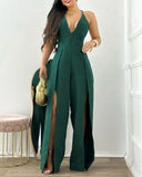 Plunge V Neck Spaghetti Strap Jumpsuit Sexy Slit Ruched One Piece Overall