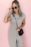 Khaki Checkered Print Buttoned Crew Neck Wide Leg Jumpsuit