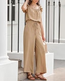 Square Neck Ruffles Sleeve Pocket Design Jumpsuit Casual Drawstring Wide Leg Cargo Romper