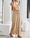 Square Neck Ruffles Sleeve Pocket Design Jumpsuit Casual Drawstring Wide Leg Cargo Romper