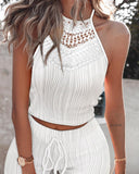 2 Pieces Outfit Rippling Contrast Lace Halter Sleeveless Top and Casual Drawstring Shorts Set
