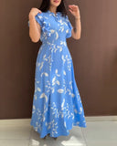 Floral Print Tie Neck Shoulder Ruffles Maxi Dress Casual Waist Shirred A Line Dress