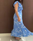 Floral Print Tie Neck Shoulder Ruffles Maxi Dress Casual Waist Shirred A Line Dress