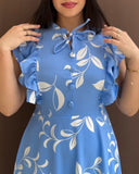 Floral Print Tie Neck Shoulder Ruffles Maxi Dress Casual Waist Shirred A Line Dress