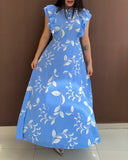 Floral Print Tie Neck Shoulder Ruffles Maxi Dress Casual Waist Shirred A Line Dress