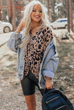 Brown Leopard Print V Neck Half Sleeve Oversized Tee