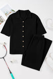 Black Solid Color Textured Buttoned Shirt and Casual Pants Set