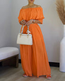 Off the Shoulder Layered Trim Waist Jumpsuit Casual Wide Leg Romper