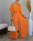 Off the Shoulder Layered Trim Waist Jumpsuit Casual Wide Leg Romper