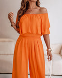 Off the Shoulder Layered Trim Waist Jumpsuit Casual Wide Leg Romper