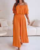 Off the Shoulder Layered Trim Waist Jumpsuit Casual Wide Leg Romper