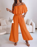 Off the Shoulder Layered Trim Waist Jumpsuit Casual Wide Leg Romper