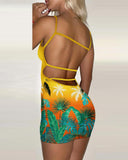 Tropical Coconut Tree Print Backless Bodycon Dress