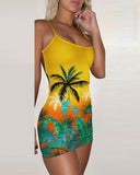 Tropical Coconut Tree Print Backless Bodycon Dress