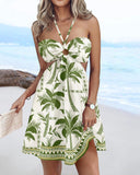 Floral Print Halter Tied Detail Elastic Shirred Back Mini Dress Casual A Line Dress