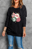Black Floral Letter Christmas Ball Printed Crewneck Pullover Sweatshirt