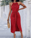 Halter Hollow out A Line Sleeveless Front Slit Ruched Maxi Dress Vacation Dress