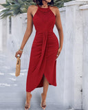 Halter Hollow out A Line Sleeveless Front Slit Ruched Maxi Dress Vacation Dress