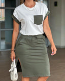 2 Pieces Outfit Colorblock Round Neck Short Sleeve Top and Casual Drastring Slit Skirt Set