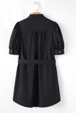 Black Button Up Tie Waist Puff Sleeve Mini Dress