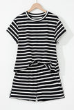 Black White Striped Short Sleeve Top and Shorts Set