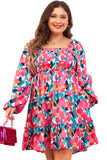 Rose Flower Print Smocked Square Neck Plus Size Dress