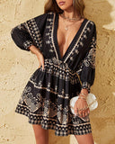 Tribal Print Lantern Sleeve Swing Dress