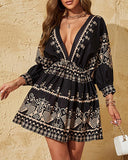 Tribal Print Lantern Sleeve Swing Dress