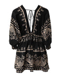 Tribal Print Lantern Sleeve Swing Dress