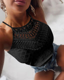 Jacquard Halter Lace Trim Sleeveless Tank Casual Slim Fit Knit Top