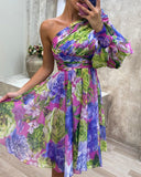 Floral Print Lantern Sleeve One Shoulder A Line Dress