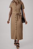 Buckskin Short Sleeve Textured Button Up Tie Waist Long Dress