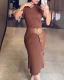 High Neck Sleeveless Side Slit Dress With Pocket(With Belt)